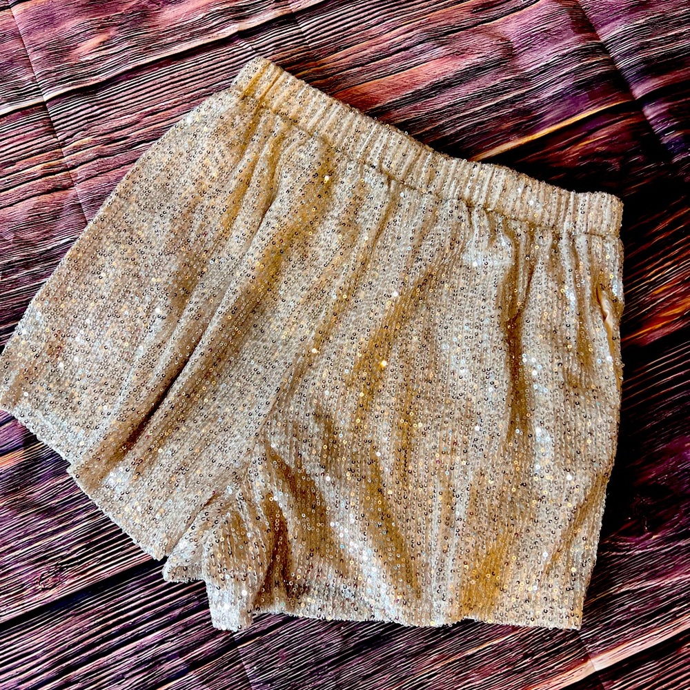 Fantastic Fawn Sequined Gold Elastic-Waist Shorts